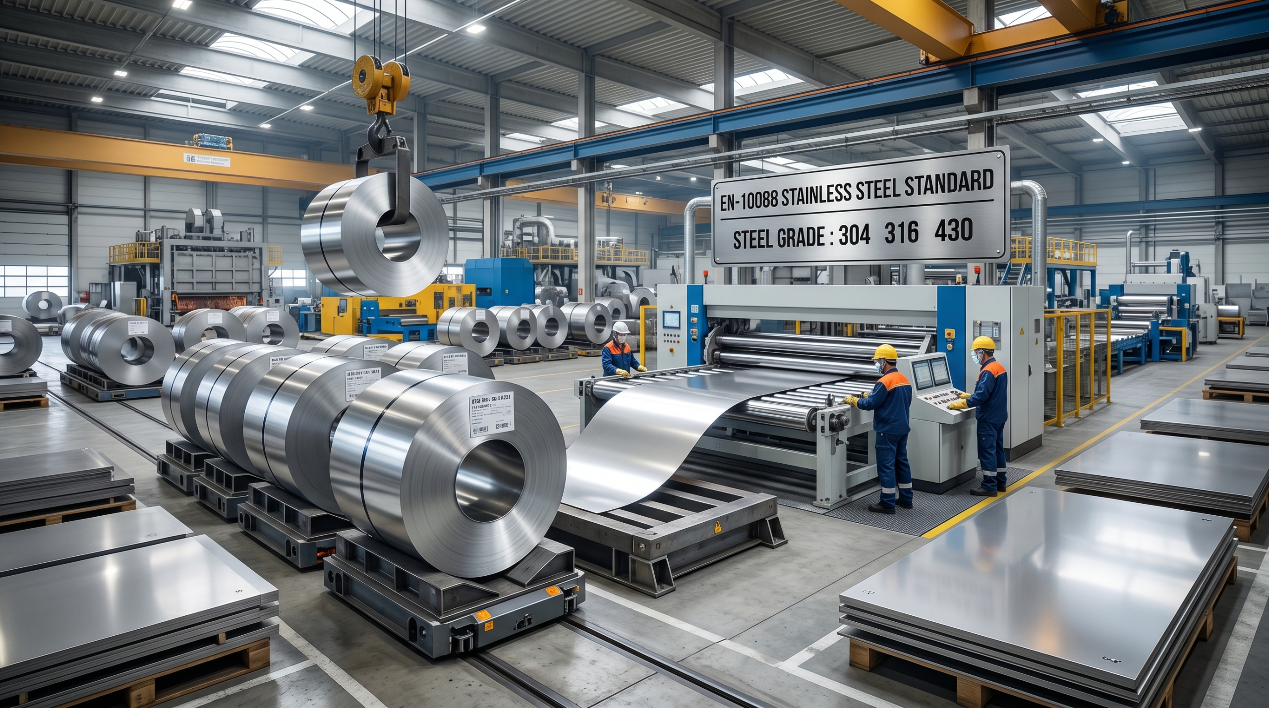 A detailed view inside a large, automated steel slitting facility processing massive coils of cold-rolled stainless steel. Overhead, a prominent sign specifies the operating standard as EN-10088 and lists steel grades 304, 316, and 430.