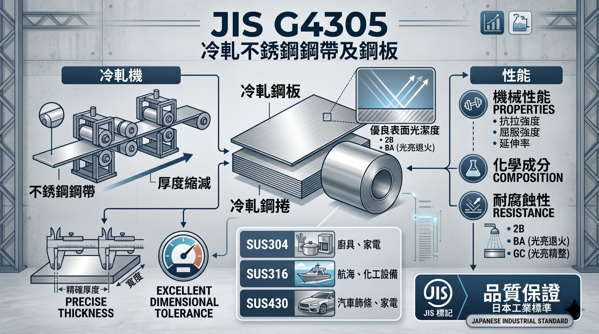 JIS G4305冷軋不銹鋼完整採購指南:B2B採購決策者必讀 2 JIS G4305 冷軋不銹鋼生產流程圖,包含材質等級(SUS304、SUS316、SUS430)與技術性能說明。