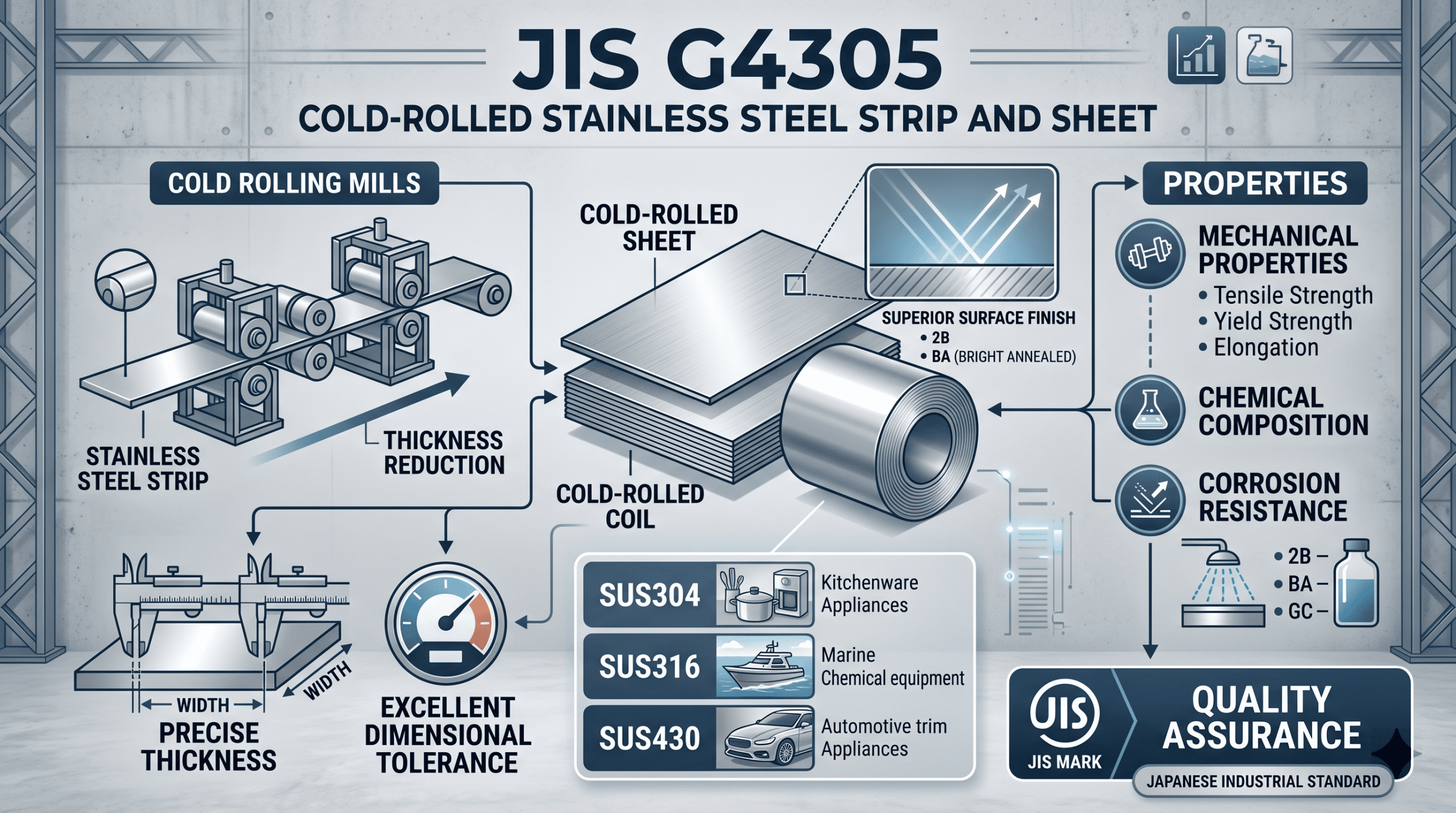nfographic of JIS G4305 cold-rolled stainless steel manufacturing process, material grades (SUS304, SUS316, SUS430), and technical properties.